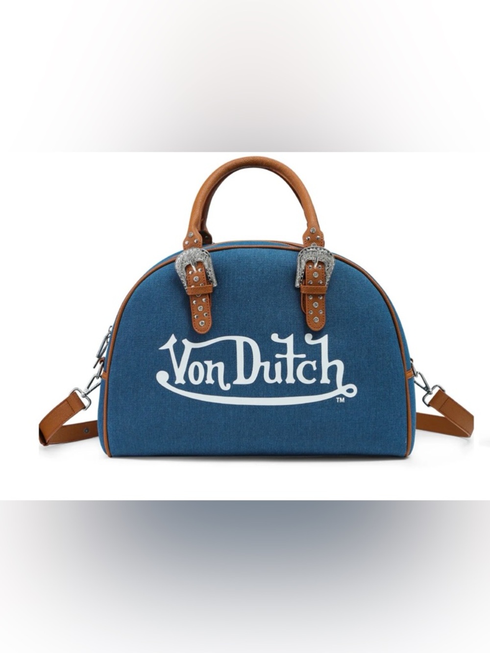 Von Dutch Denim duffle bag in Blue with Brown Trim